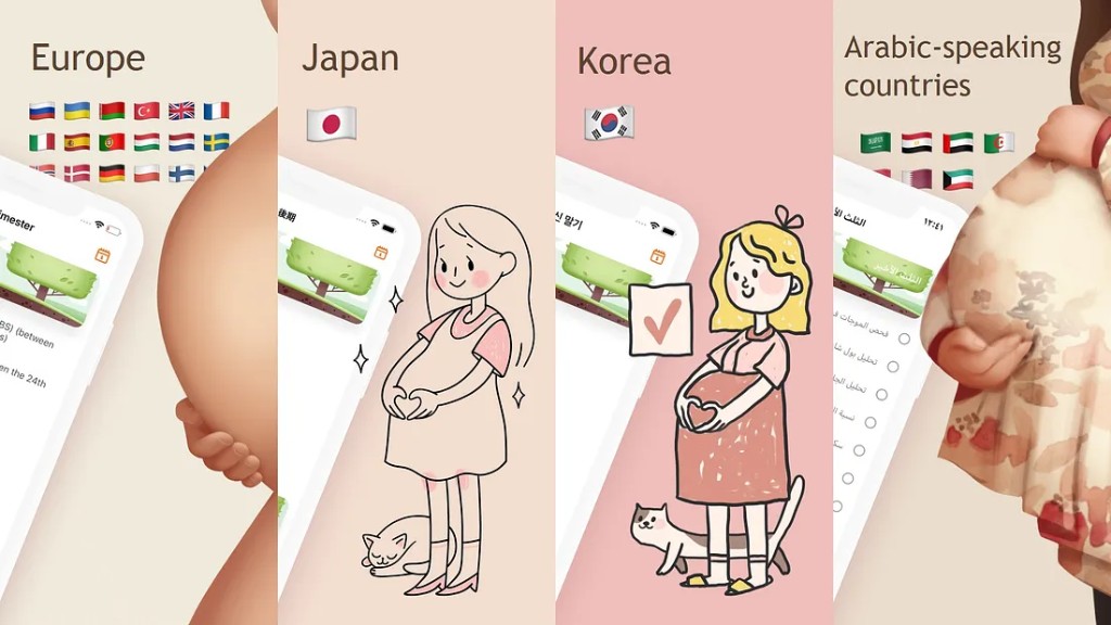 Pregnancy app localized by market: Europe (realistic 3D), Japan (line art), Korea (cute illustration), Arabic-speaking countries (modest photo, RTL UI) — same category, different visual register