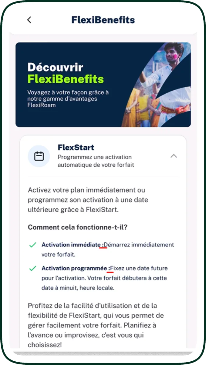 French mobile app screen showing 'Activation immédiate :' with a hard-coded space before the colon