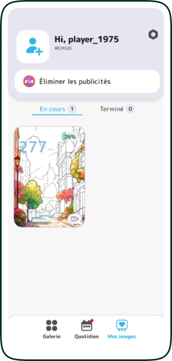 French photo-gallery app showing the label 'Terminé' that should be 'Terminée' to agree with the feminine noun for image