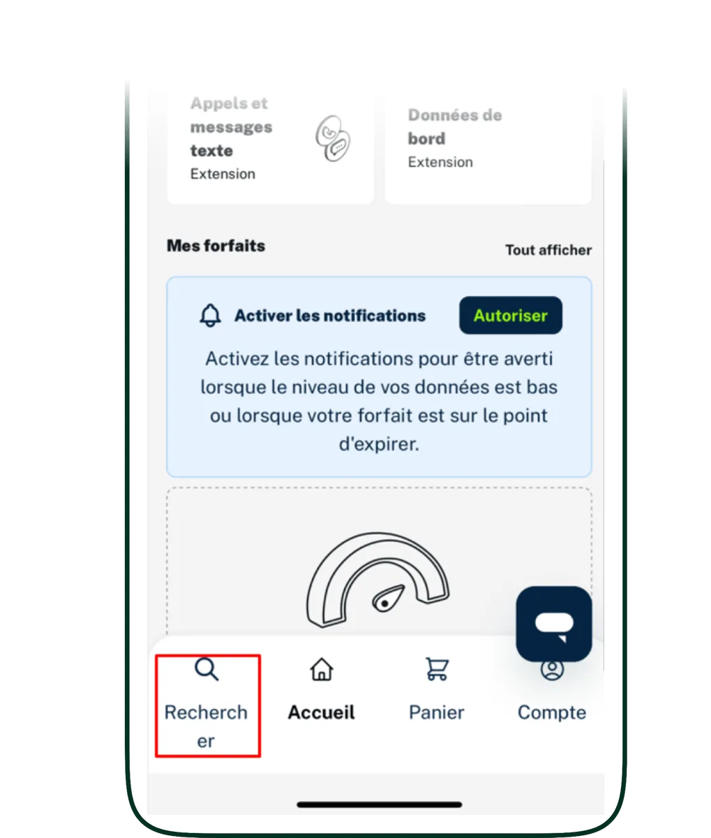 French mobile app navigation bar with the word 'Recherher' truncated in a fixed-width tab