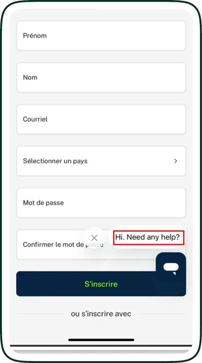 French sign-up form with an embedded English chat widget displaying 'Hi. Need any help?'