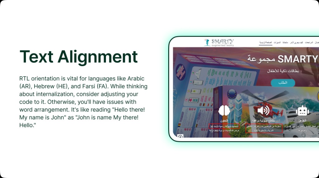 Explainer on RTL text alignment for Arabic, Hebrew, and Farsi, with a mirrored Arabic landing page example for SMARTY augmented reality