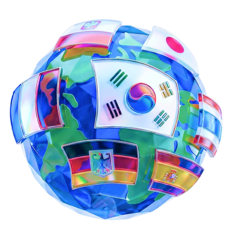 A glossy 3D globe wrapped in the flags of localized markets