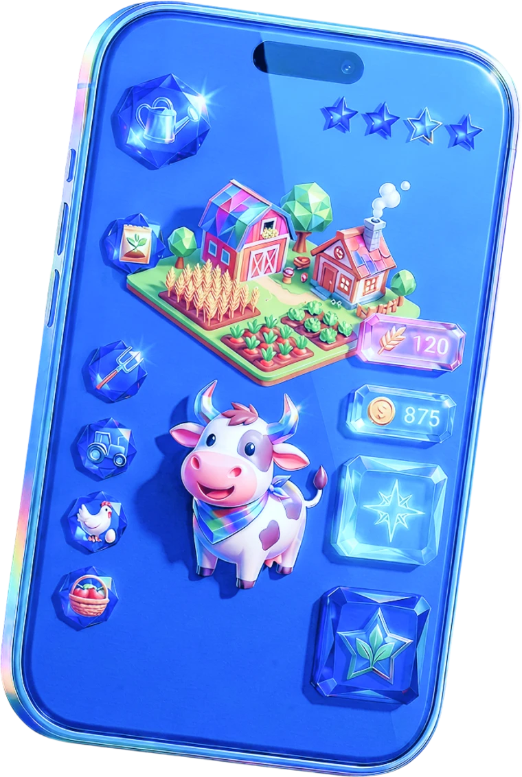Mobile farming-simulation game shown on a phone, surrounded by glowing UI gems