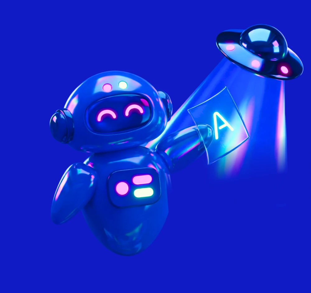 A friendly 3D robot holding an A-grade card under a spotlight from a UFO